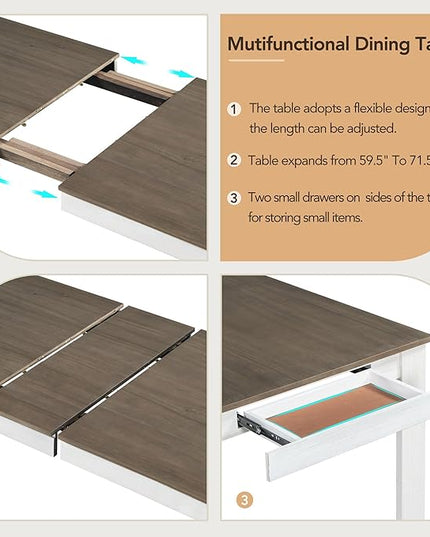 7 Piece Modern Wooden Dining Set, Include Multifunctional Extendable Table with 12” Leaf and 2 Drawers & 6 Soft Cushion Chairs, for Diningroom, Living Room, Brown+White-1 - LeafyLoom