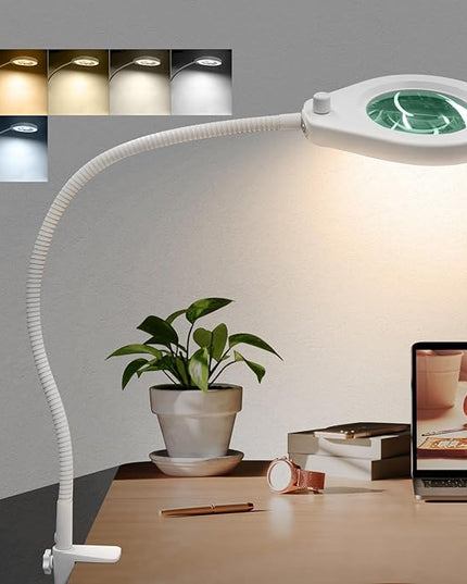 5X Magnifying Glass with Lights and Clamp, 4.2'' 5X Real Glass Magnifier Desk Lamp, w/Flexible Gooseneck Handsfree for Craft Workbench Hobby - New Rotary Switch Design - LeafyLoom