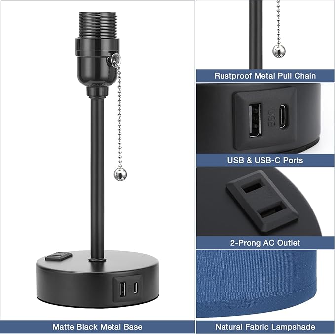 Blue Table Lamps 3 Color Temperatures - 2700K 3500K 5000K Bedside Lamps with USB C and A Ports, Pull Chain Lamps for Bedrooms with AC Outlet, Nightstand Lamps with Black Metal Base for Kids Boys - LeafyLoom