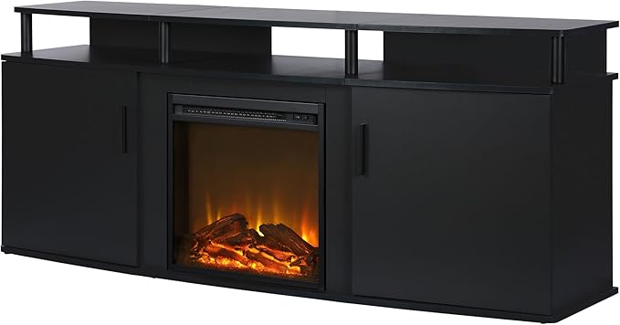 Ameriwood Home Carson Fireplace TV Stand for TVs up to 70 Inch, Replaceable Electric Fireplace Insert Heater, Realistic Log and Flame Effect, For Living Room or Bedroom, Black - LeafyLoom