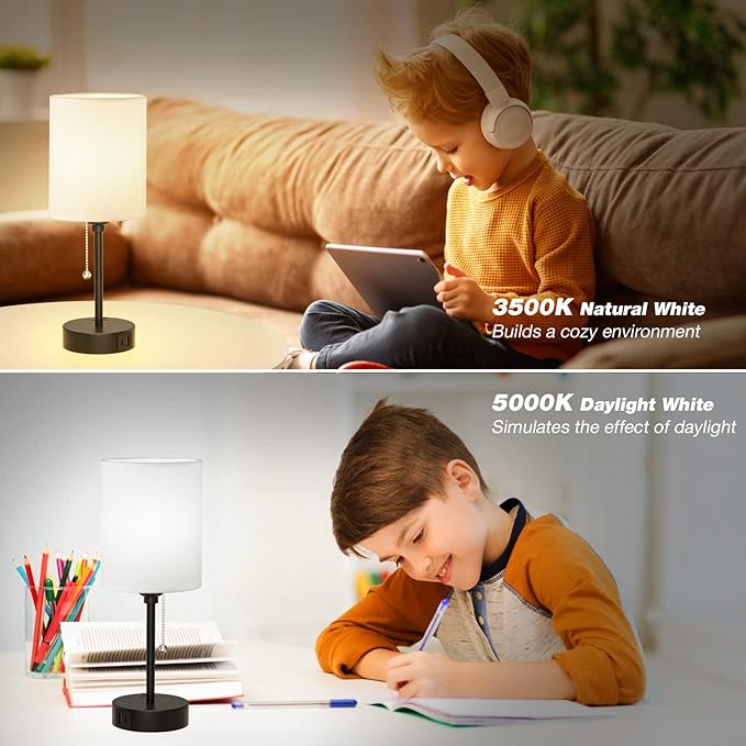 Small Bedroom Lamps with USB C and A Ports 3 Color Temperatures - 2700K 3500K 5000K Pull Chain White Nightstand Bedside Table Lamps with AC Outlet, Metal Base for Kids Reading - LeafyLoom