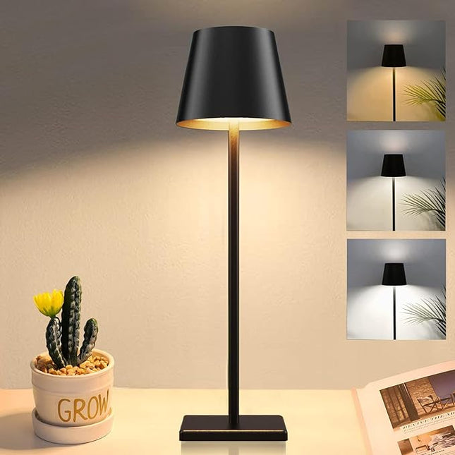 Cordless Table lamp, 5200mAh Battery Operated Lamp,3 Color Stepless Dimming Desk Lamp, IP54 Waterproof Outdoor Table Lamps for Restaurant/Bedroom/Bars/Party/Camping/Cafe Night Light (Black-1) - LeafyLoom