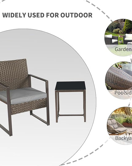 3 Pieces Patio Furniture Set Outdoor Wicker Bistro set Rattan Chair Conversation Sets with Coffee Table for Porch, Balcony,Garden,Backyard and Removable Cushions Grey - LeafyLoom