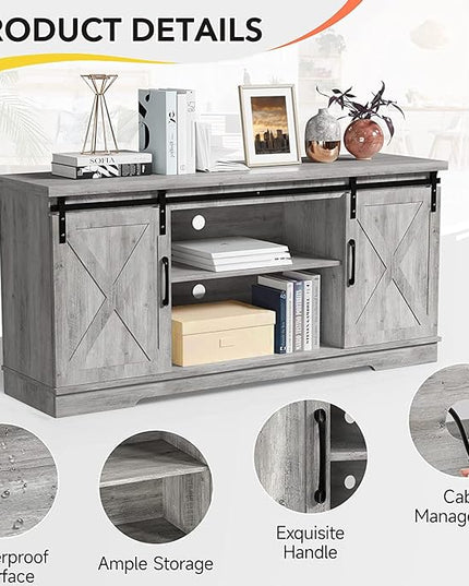 IDEALHOUSE TV Stand Farmhouse Entertainment Center for 65 Inch TV & Media Furniture, Rustic TV Stands with Storage and Barn Doors TV Console Table Under TV Cabinet for Living Room, Rustic Grey - LeafyLoom