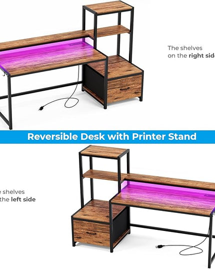 GreenForest Computer Desk with Drawer and Printer Shelf, 68.8 inch Home Office Desk with LED Lights and Power Outlets, Desk with Storage for Study Gaming Working, Walnut - LeafyLoom