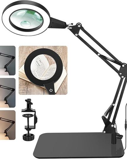 5X & 10X Magnifying Glass with Light and Stand, NAKOOS 2-in-1 Magnifying Lamp with Clamp, 3 Color Modes Touch Control Stepless Dimmable Magnifiers with Stand for Soldering DIY and Close Work - LeafyLoom