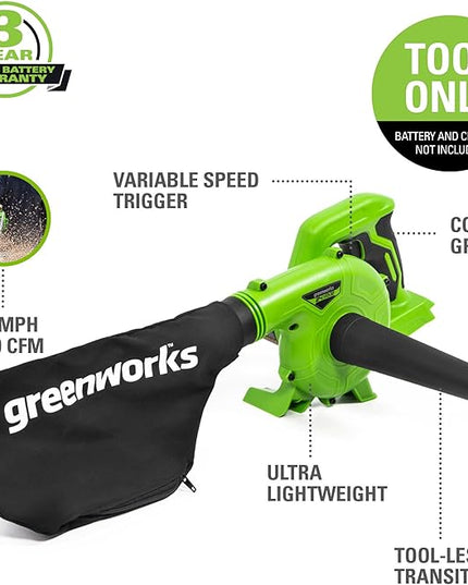Greenworks 24V (90 MPH / 180 CFM / 125+ Compatible Tools) Cordless Shop Blower, Tool Only - LeafyLoom