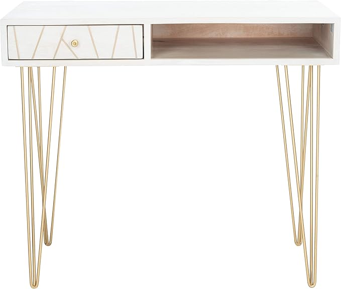 Safavieh Home Office Collection Marigold White Wash and Brass 1-Drawer Hairpin Leg Desk, 0 - LeafyLoom