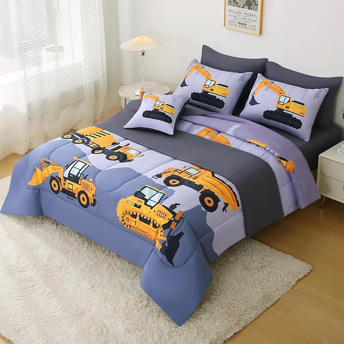 JQinHome Construction Full Bedding Sets for Boys Kids,8 Piece Bed in A Bag 3D Cartoon Car Excavator Tractor Comforter Set with Sheet Set,Trucks Cars - LeafyLoom