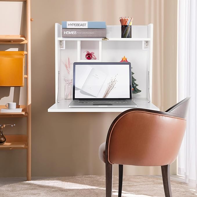 YUSING Wall Mounted Table, Multifunctional Fold Down Wall Mounted Laptop Computer Desk with Storage Compartments for Home, Office, White - LeafyLoom