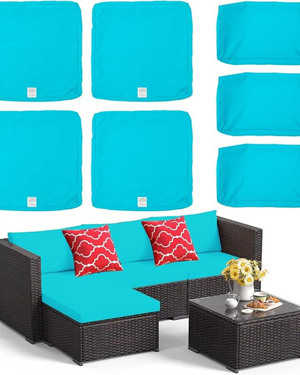 ClawsCover 7Pack Outdoor Seat and Back Cushions Replacement Covers Fit for 3/5 Pieces 4-Seater Wicker Rattan Patio Furniture Conversation Set Sectional Couch,Turquoise-Small (Include Cover Only) - LeafyLoom