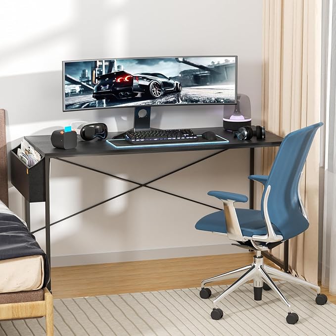 MoNiBloom Computer Desk 55", Simple Style Home Gaming Desk with Storage Bag, Office Writing Workstation- Black - LeafyLoom
