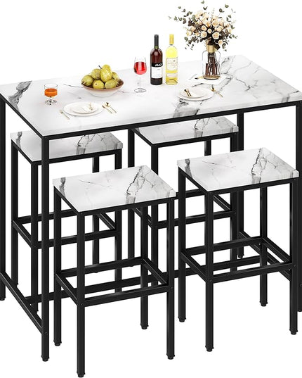 Yongchuang 5 Piece Bar Table Set, Kitchen Bar Table and Chairs Set of 4, Modern Metal Counter Height Table with Stools for Dining Room, Living Room Breakfast Table White Faux Marble Wood Top - LeafyLoom