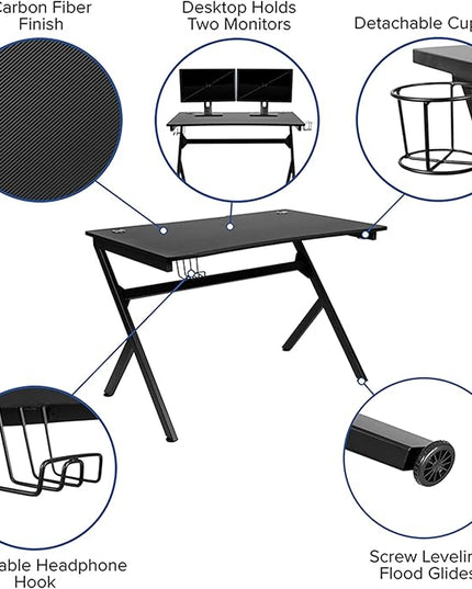 Flash Furniture Duncan Gaming Desk 45.25" x 29" Computer Table Gamer Workstation with Headphone Holder and 2 Cable Management Holes, Set of 1,Black - LeafyLoom