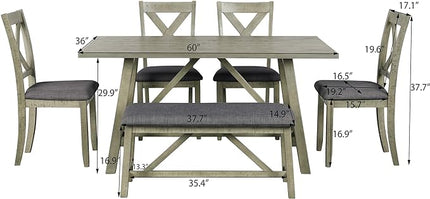 6-Piece Rustic Style Wood Dining Table Set with Bench and 4 X-Back Cushion Chairs for Kitchen Dinette Room, Gray, 1 - LeafyLoom