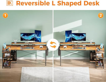 ODK 66 Inch Gaming Desk with USB Charging Ports and LED Lights, Reversible L Shaped Computer Desk with Storage Shelves & Monitor Stand, Home Office Desk Table with Power Outlets, Vintage - LeafyLoom