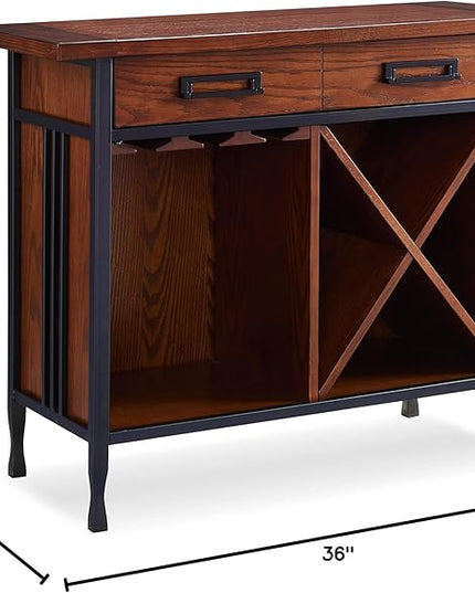 Leick Home 11240 Ironcraft Rustic One Drawer Mini-bar/Wine Stand with Glass and Bottle Storage, Mission Oak, 16 x 36 x 30 - LeafyLoom