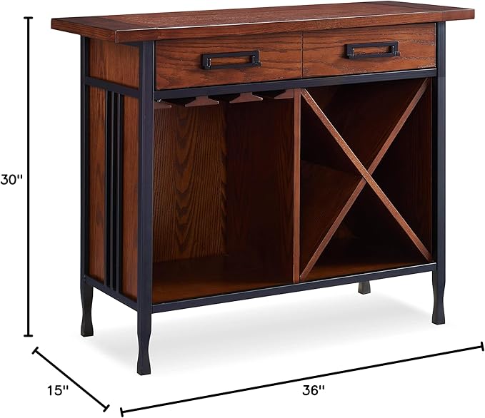 Leick Home 11240 Ironcraft Rustic One Drawer Mini-bar/Wine Stand with Glass and Bottle Storage, Mission Oak, 16 x 36 x 30 - LeafyLoom