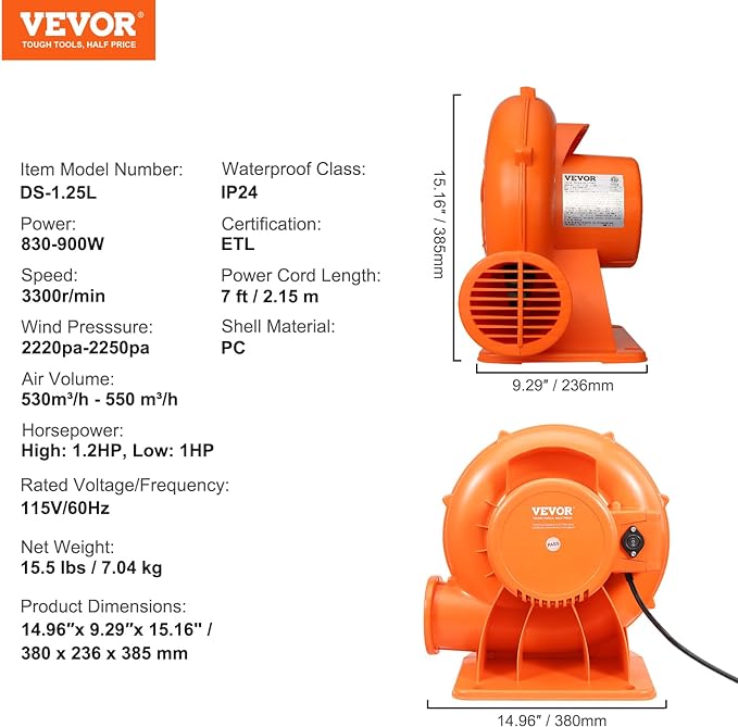 VEVOR Air Blower, 2-Speed Inflatable Blower, 1HP and 1.2HP, Portable and Powerful Bounce House Blower, Commercial Bouncy Castle Electric Blower, Used for Inflatable Bouncy Castle and Jump Slides - LeafyLoom