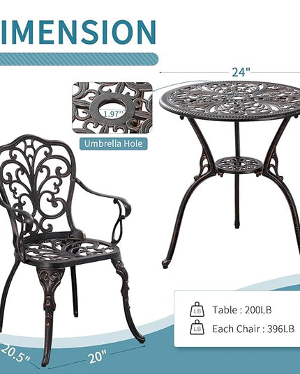 Bistro Set 3 Piece Outdoor Bistro Table and Chair Set of 2 Cast Aluminum Patio Furniture with Umbrella Hole,Patio Bistro Table Sets for Garden,Yard(Brown) - LeafyLoom