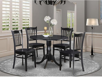 East West Furniture Dublin 5 Piece Room Set Includes a Round Dining Table with Dropleaf and 4 Wood Seat Chairs, 42x42 Inch, Black - LeafyLoom