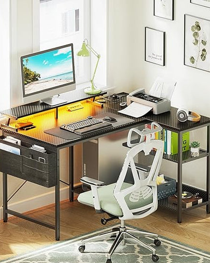 ODK 48 Inch Gaming Desk with USB Charging Ports and LED Lights, Reversible L Shaped Computer Desk with Storage Shelves & Monitor Stand, Corner Gamer Desk Table with Power Outlets, Carbon Fiber Black - LeafyLoom