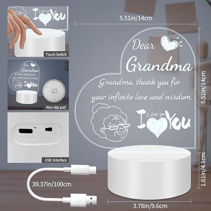 Night Light Gifts for Grandma: Engraved Acrylic LED Rechargeable Night Lamp with 3 Level of Dimming and 10 Color Modes-Grandmother's Birthday Christmas Mothers Day Gifts from Grandchildren - LeafyLoom