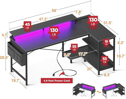 ODK 58 Inch Gaming Desk with USB Charging Ports and LED Lights, Reversible L Shaped Computer Desk with Storage Shelves & Monitor Stand, Corner Gamer Desk Table with Power Outlets, Carbon Fiber Black - LeafyLoom