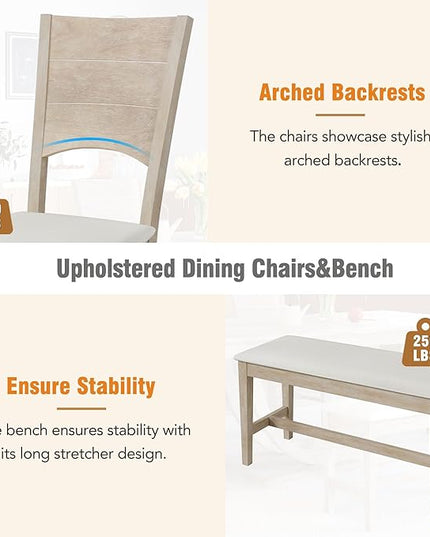 6-Piece Wood Rectangular Dining Table Set with Half Round Legs, 4 Upholstered Chairs and Bench, for Kitchen Living Room, Modern Style, Natural+Beige, 59.1" L x 35.4" W x 29.5" H - LeafyLoom