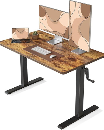 FEZIBO Crank Height Adjustable Desk, 48 Inches Manual Standing Desk, Writing Table with Handle, Home Office Desk with Black Frame/Rustic Brown Top - LeafyLoom