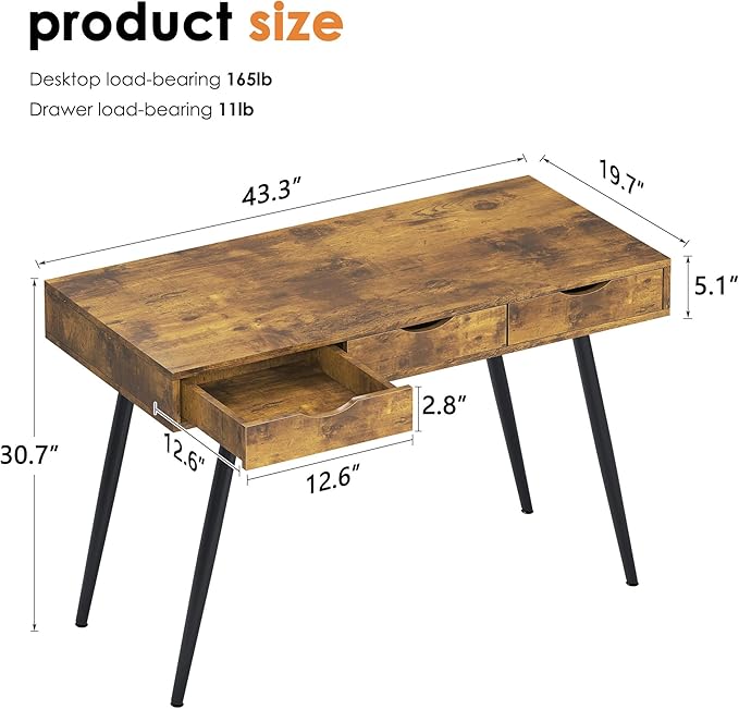 SogesHome 43.3'' Computer Desk, Home Office Work Table with 3-Drawers, Gaming Working Writing Table, Vintage Brown - LeafyLoom