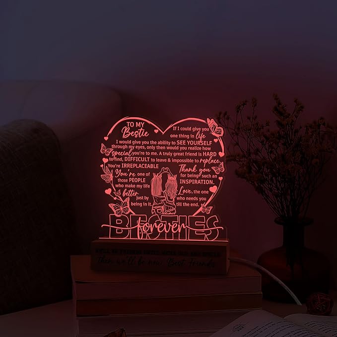 Gifts for Best Friend Women 3D Illusion Lamp, Besties Forever Acrylic Night Light, Best Friend Birthday Gifts for Women, Long Distance Friendship Gift for Her Bestie Soul Sister BFF Coworker - LeafyLoom