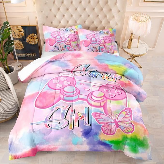 Gamer Bedding Sets for Girl Gaming Comforter Sets Twin Size Rainbow Tie Dye Bedroom Decor Teens Boy Kids Gamepad Bed Set Modern Game Controller Quilt Bedding - LeafyLoom