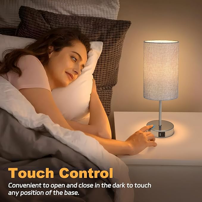 AKASUKI Table Lamp for Bedroom, 3 Way Dimmable Touch Lamp with Dual Charging Station, Small Bedside Lamps for Night Stands, Living Room, Office(LED Bulb Included) - LeafyLoom