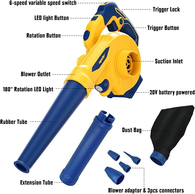 Mellif Leaf Blower for Dewalt 20V MAX Battery(No Battery), Rotatable Brushless Blower/Cordless Vacuum Cleaner/Air Pump for Inflatables, 6 Variable Speed, 180° Adjustable Blower Tube, for Lawn/Yard - LeafyLoom
