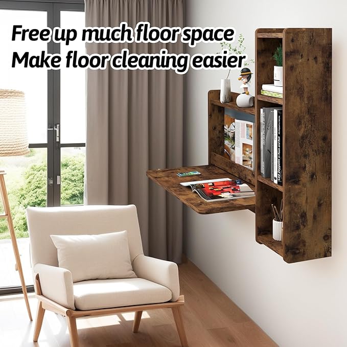 Pmnianhua Farmhouse Floating Desk,41''Wall Mounted Desk,L Shaped Folding Table,Fold Down Laptop Computer Table with Storage for Wall Bedroom Small Space (Rustic Brown-Right) - LeafyLoom