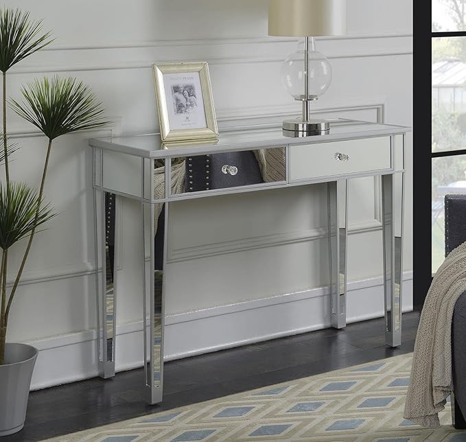Convenience Concepts Gold Coast Desk 42" Console Table with 2 Drawers for Storage in Living Room, Office, Den, 42 x 15 x 30 inches, Silver/Mirror - LeafyLoom