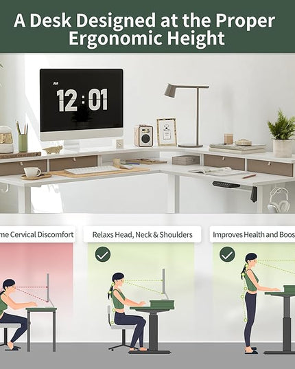 FEZIBO 63" L Shaped Standing Desk with 4 Drawers, Electric Standing Gaming Desk Adjustable Height, Corner Stand up Desk with Splice Board, White Frame/White Top - LeafyLoom