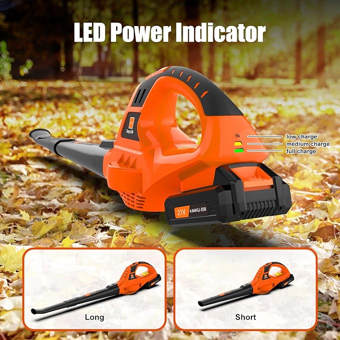 Leaf Blower Cordless,21V Handheld Electric Leaf Blower with 4.0Ah Battery and Charger, 2 Speed Mode, Lightweight Battery Powered Leaf Blower for Lawn Care, Patio, Yard, Sidewalk (Orange) - LeafyLoom