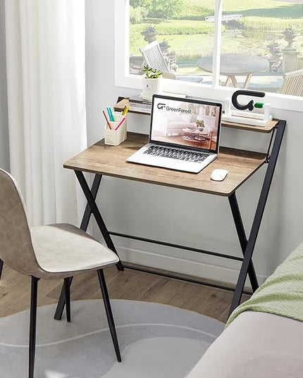 GreenForest Folding Desk No Assembly Required Small Size, 2-Tier Foldable Computer Desk with Shelf for Home Office, Space Saving Portable Laptop Study Foldable Table for Small Spaces, Brown - LeafyLoom