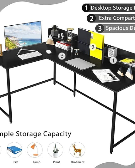 LUARANE 65.5 Inches L-Shaped Desk, Industrial Computer Desk with Hutch File Rack, Space Saving Corner Desk with Metal Frame, Computer Workstation for Home Office (Black) - LeafyLoom