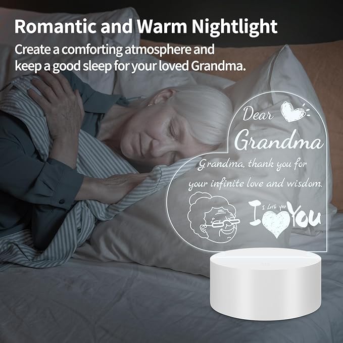 Night Light Gifts for Grandma: Engraved Acrylic LED Rechargeable Night Lamp with 3 Level of Dimming and 10 Color Modes-Grandmother's Birthday Christmas Mothers Day Gifts from Grandchildren - LeafyLoom