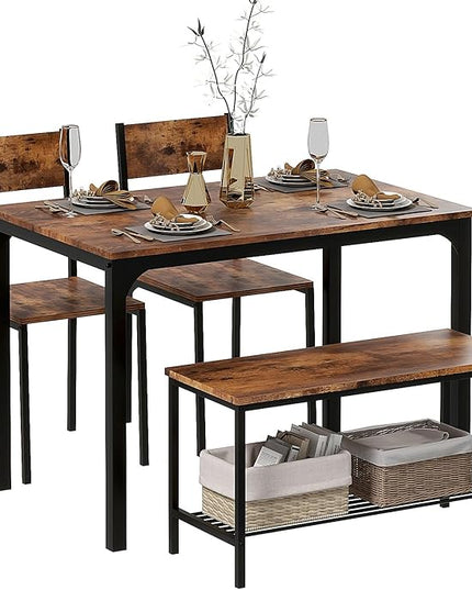 DlandHome Dining Table with 2 Chairs and 1 Bench Dining Room Sets Dining Table and Chairs Set,Rectangular Space-Saving Dinner Table with Two Benches for Kitchen,Retro - LeafyLoom
