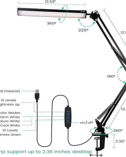 Swing Arm Desk Lamps for Architect Drafting or Computer Light, LED Bar Clamp Lamp - LeafyLoom