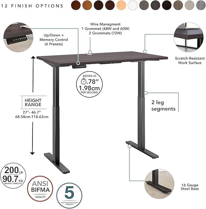 Bush Business Furniture Move 60 Electric Ergonomic Sit-Stand Computer Table for Home and Professional Office, 72W x 30D, Storm Gray - LeafyLoom