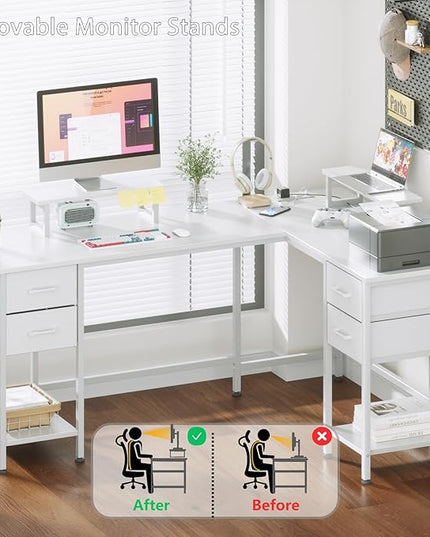 L Shaped Computer Desk with Power Outlets, 59 inch Reversible Home Office Desk with Storage Shelves & 2 Monitor Stands, Gaming Desk with 4 Fabric Drawers for Bedroom, White - LeafyLoom