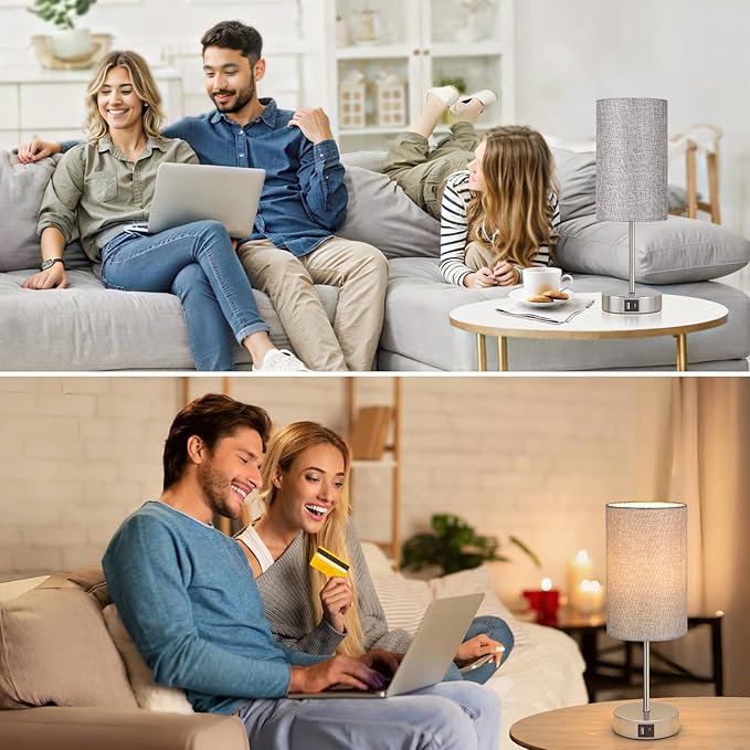 AKASUKI Table Lamp for Bedroom, 3 Way Dimmable Touch Lamp with Dual Charging Station, Small Bedside Lamps for Night Stands, Living Room, Office(LED Bulb Included) - LeafyLoom