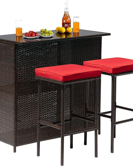 FDW Outdoor Furniture Set Wicker Bistro Set 3PCS Patio Bar Set with Two Stools for Patio Backyard Balcony,Red Cushion - LeafyLoom