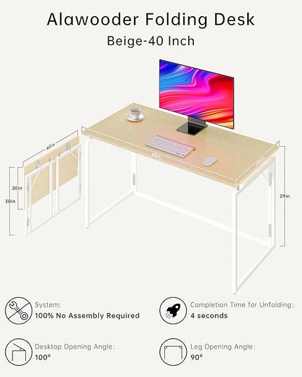 Folding Desk 40 Inch - Small Foldable Desk for Small Space Minimalist, Space Saving Collapsible Compact Desk Portable Table for Craft, Writing, Study and Work (No Assembly Required) - LeafyLoom