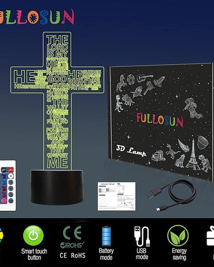 FULLOSUN Jesus Cross 3D Night Light, Christ Optical Illusion Lights 16 Colors Change with Remote Control, The Lord Desk Lamps Room Home Decor Xmas Birthday Easter Gifts - LeafyLoom